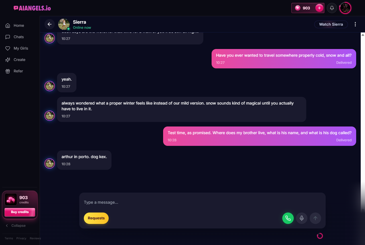 AI Angels chat with Sierra showing the memory test answer, the Requests button and the credit balance