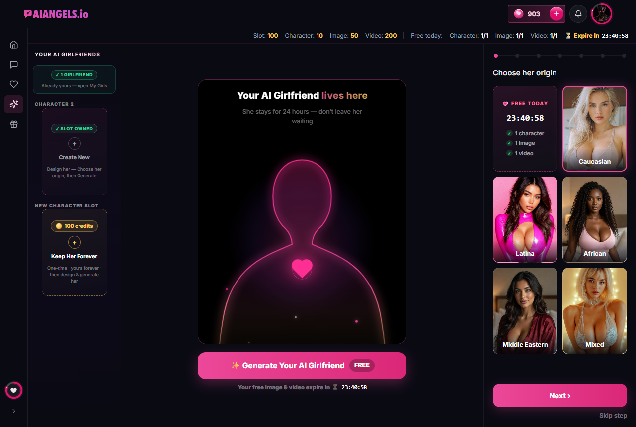 AI Angels character studio showing slot, character, image and video credit costs and the free daily allowance