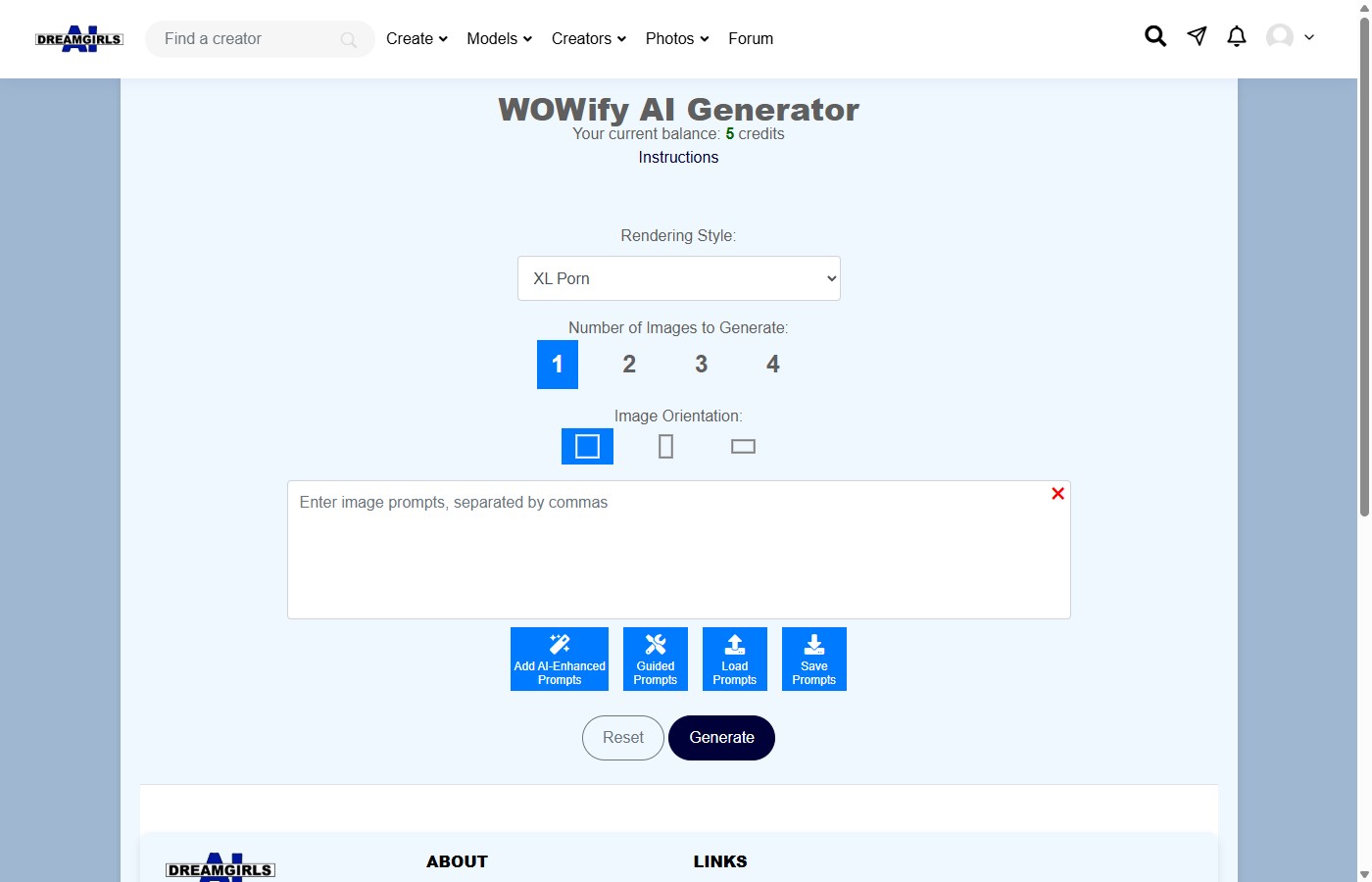 AI-Dreamgirls private WOWify generator with prompt field, rendering style dropdown, image count selector, and AI-enhanced prompts buttons