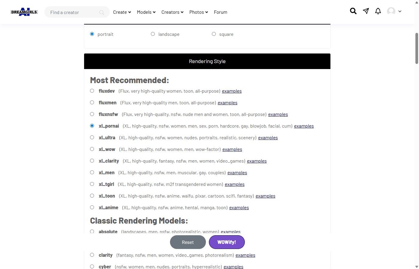 AI-Dreamgirls rendering style selection showing 20+ AI models including fluxdev, fluxnsfw, xl_pornai, xl_anime, xl_toon, xl_clarity and classic rendering models