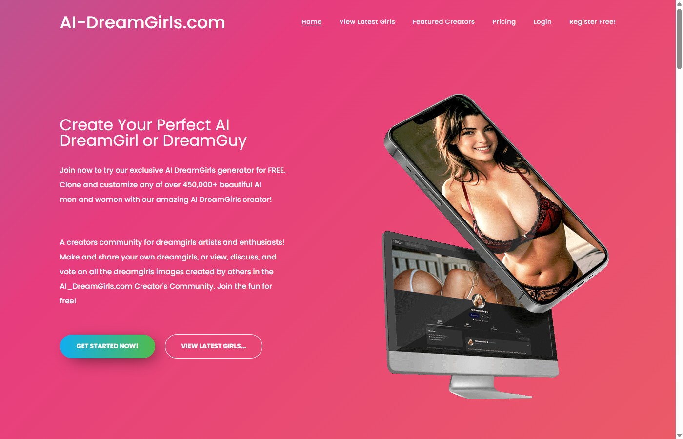 AI-Dreamgirls homepage showing community feed with AI-generated posts, creator profiles, and social interaction buttons