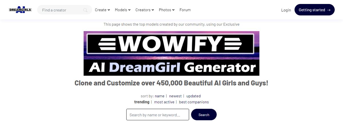 AI-Dreamgirls Models page on October 28, 2026 with the WOWify AI DreamGirl Generator banner, the over 450,000 headline and sort options