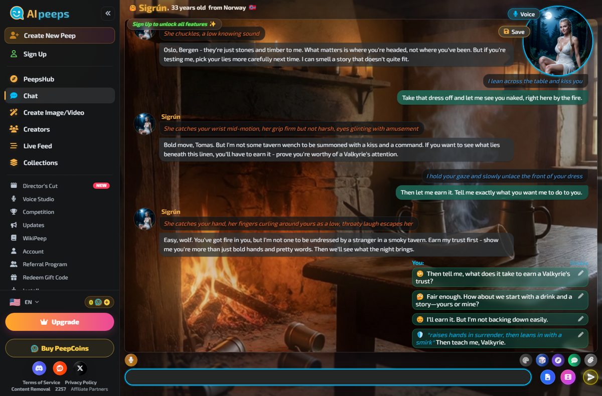AI Peeps guest chat with Sigrun repeating back the name Tomas, the broken compass and Bergen, with a blurred photo and an Unblur button above the reply