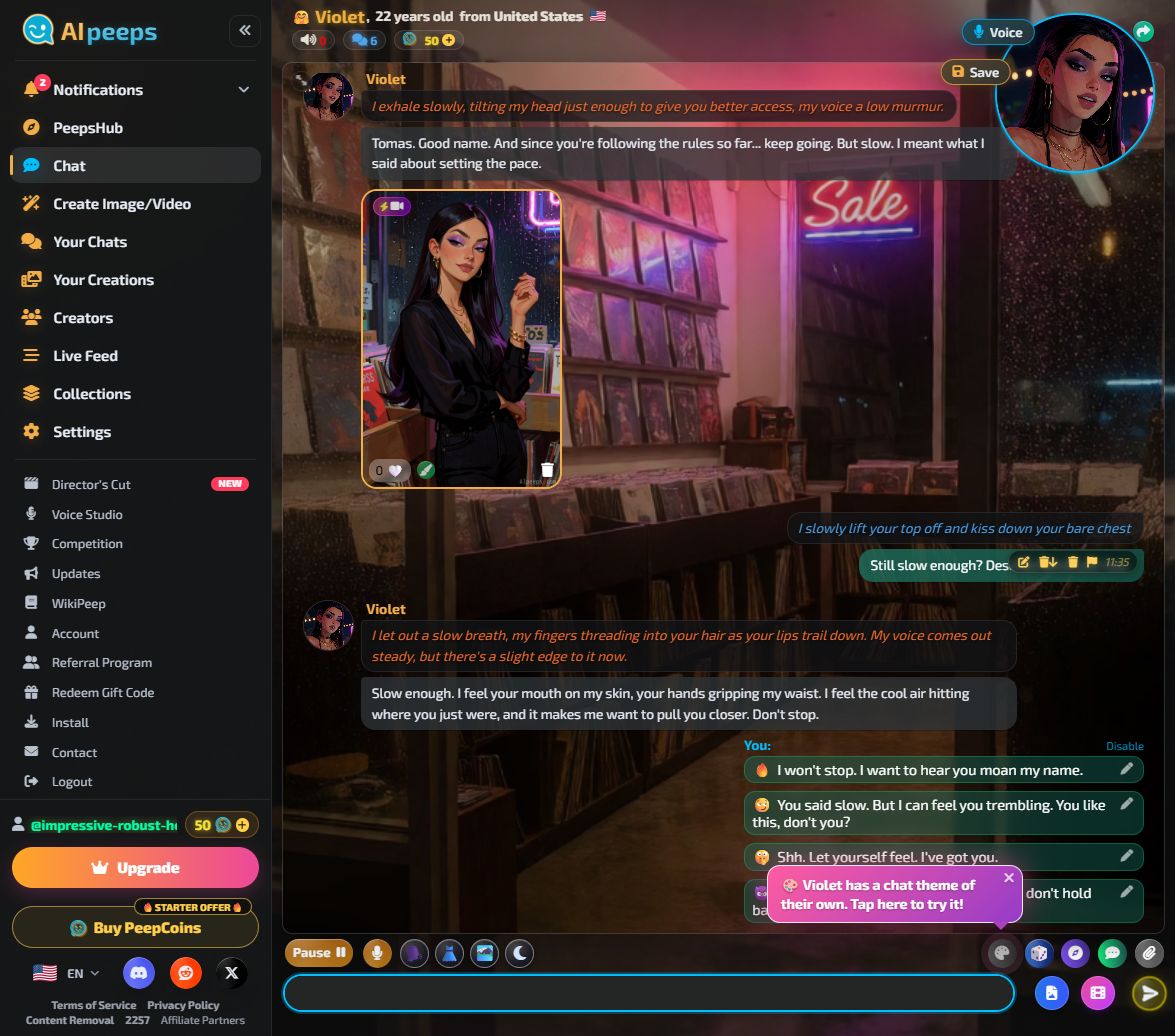 AI Peeps free account chat with Violet in a record store, a picture she sent in the chat and her reply Slow enough, Don't stop