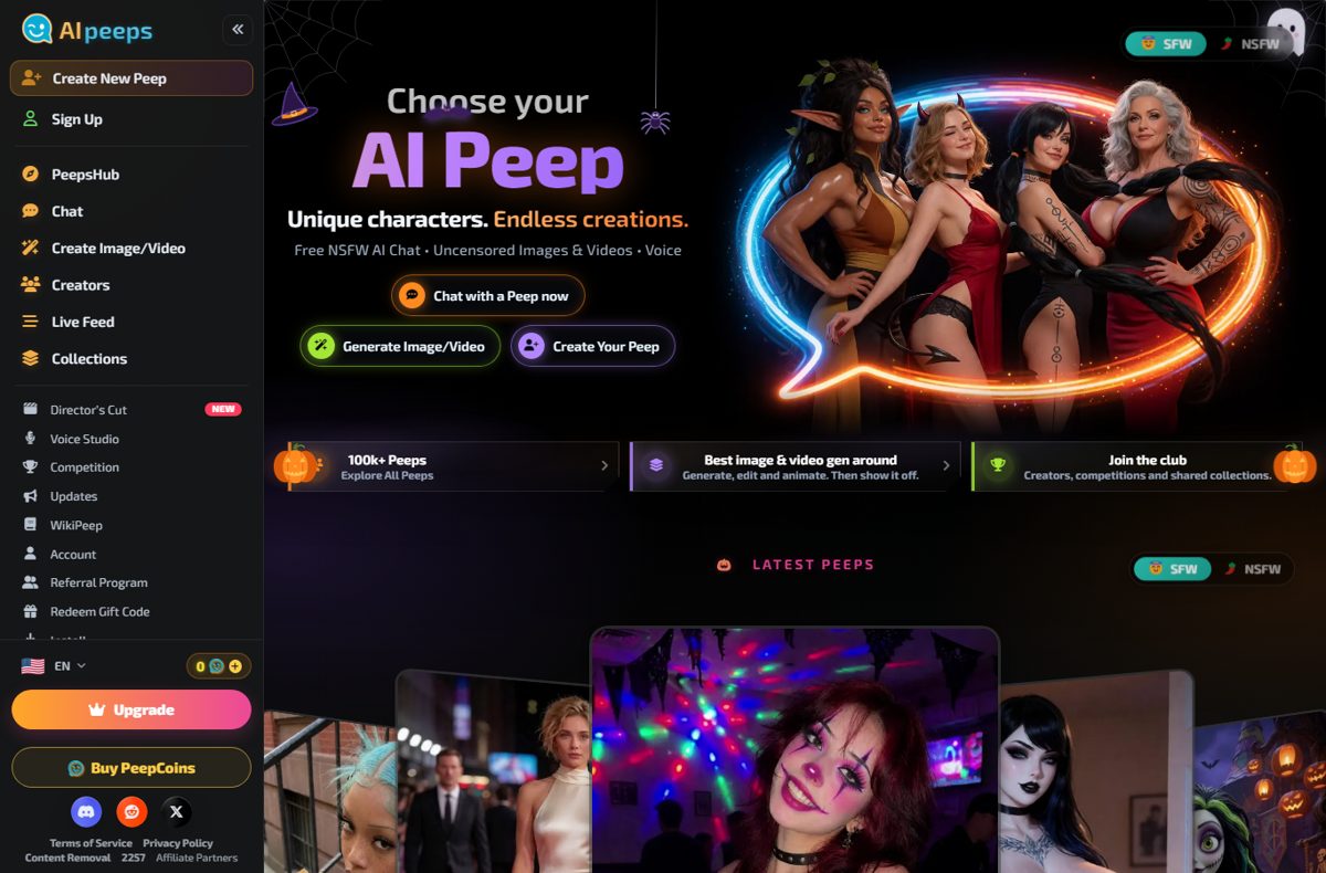AI Peeps homepage on October 28, 2026 with the Chat with a Peep now, Generate Image/Video and Create Your Peep buttons and the SFW and NSFW switch