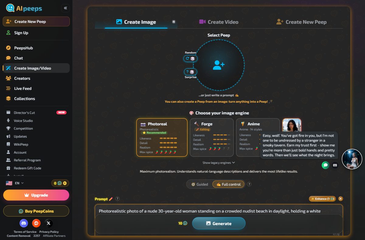 AI Peeps Create Image page with the Photoreal, Forge and Anime engine cards, the test prompt in Full control and a Generate button priced at 10 PeepCoins