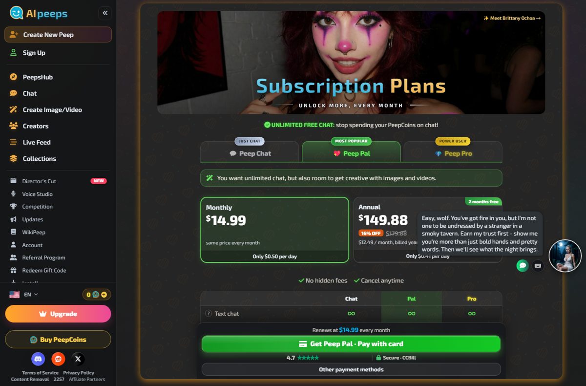 AI Peeps plans page on October 28, 2026 showing Peep Pal at $14.99 monthly or $149.88 yearly and the Pay with card button marked Secure CCBill