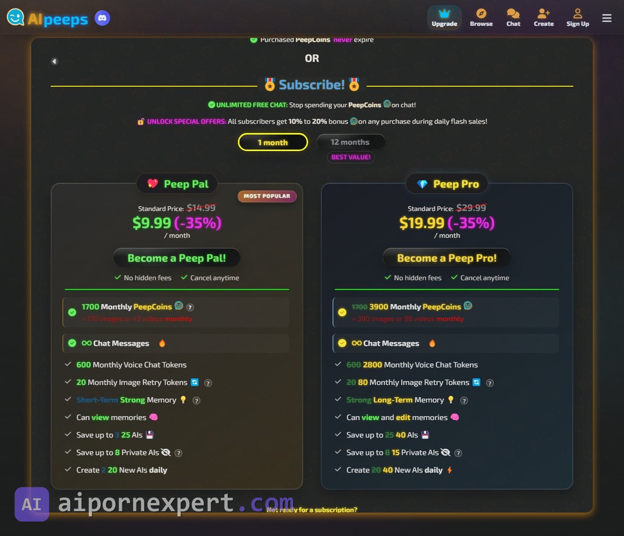 AI Peeps pricing page showing Peep Pal and Peep Pro tiers, starter PeepCoins offer and PeepCoin economy