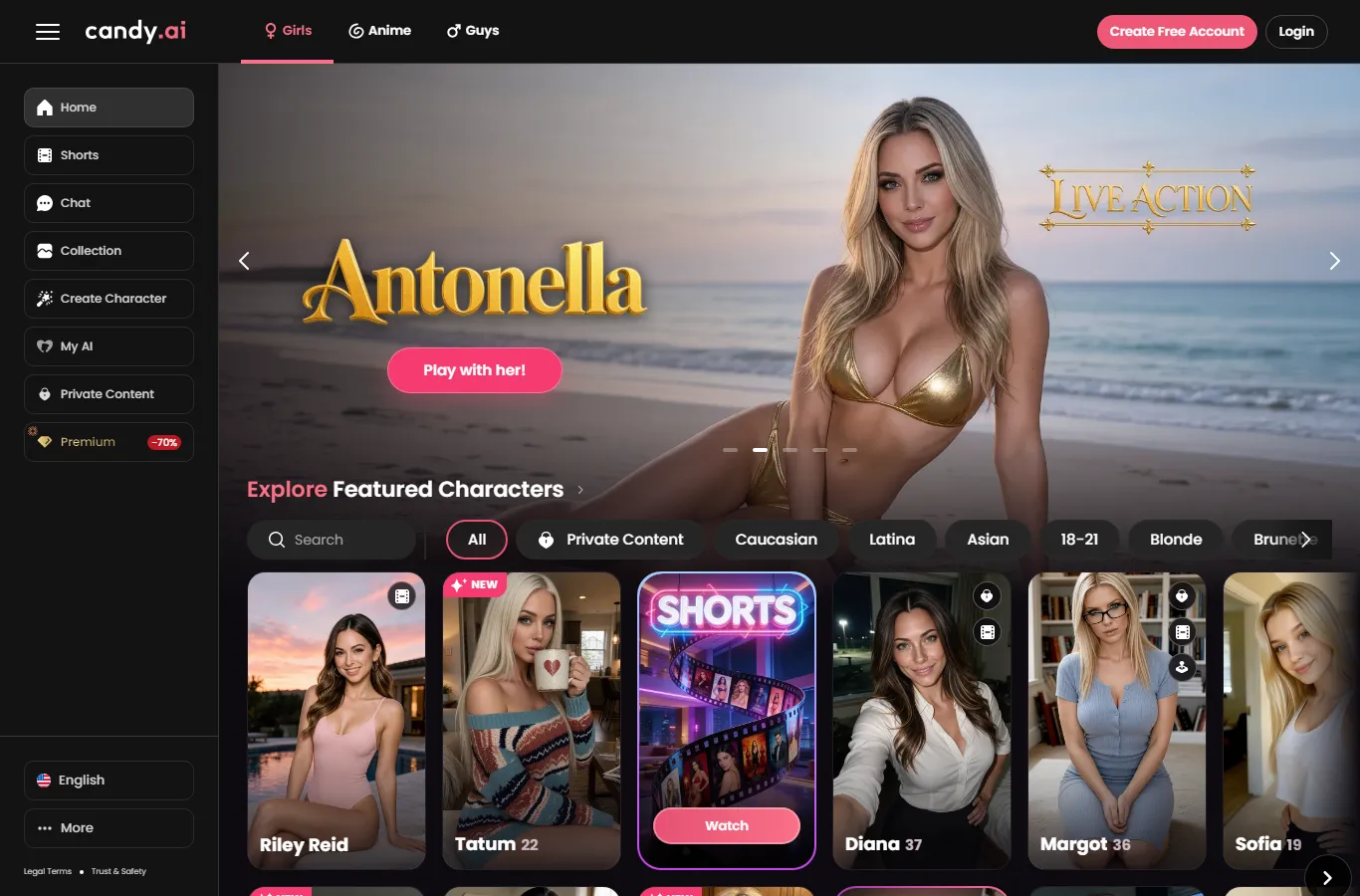 Candy AI home page on October 28, 2026: character gallery with filters, Live Action banner and cookie choice already answered