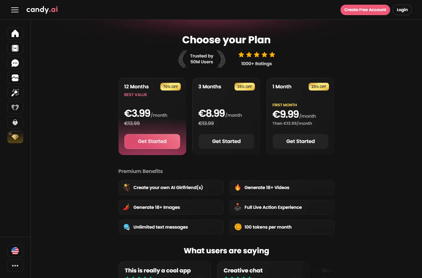 Candy AI plan page seen from Spain on October 28, 2026: 12 months at 3.99 a month, 3 months at 8.99, 1 month at 9.99 then 13.99, prices in euros