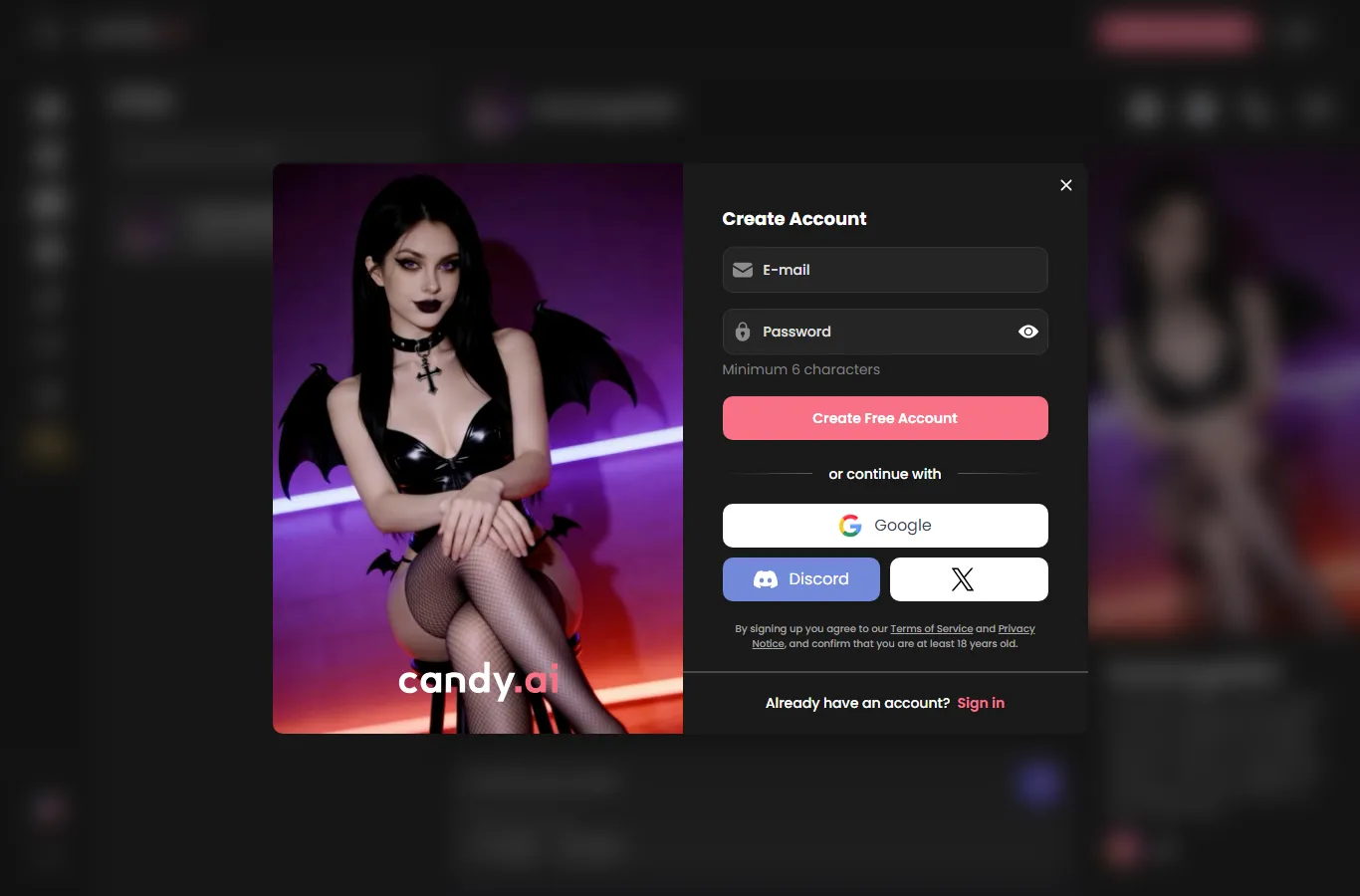 Candy AI Create Account window that opened after typing a first chat message as a guest, with e-mail, password, Google, Discord and X options