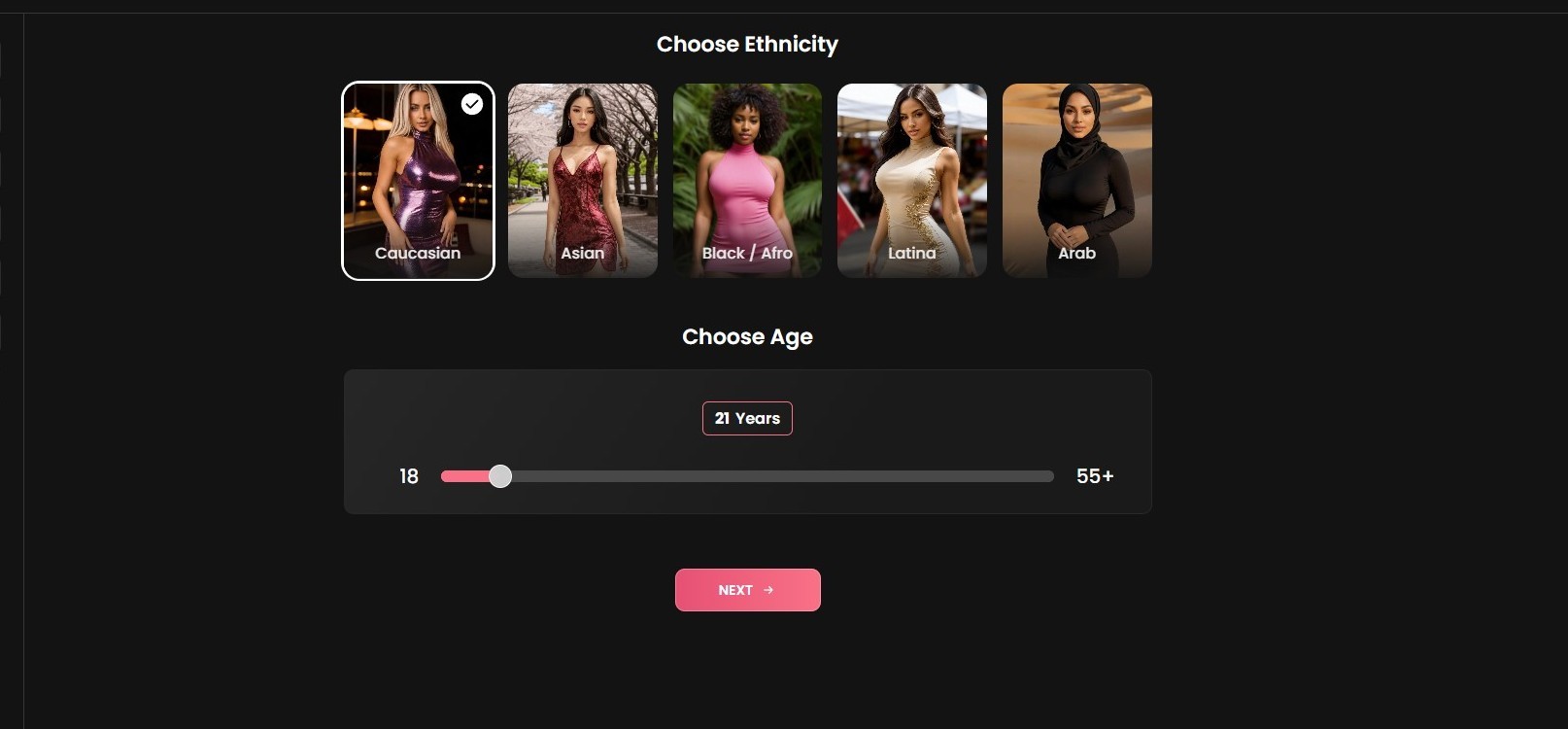 Candy AI character creation: choosing ethnicity from Caucasian, Asian, Black/Afro, Latina, and Arab options with age slider 18 to 55+