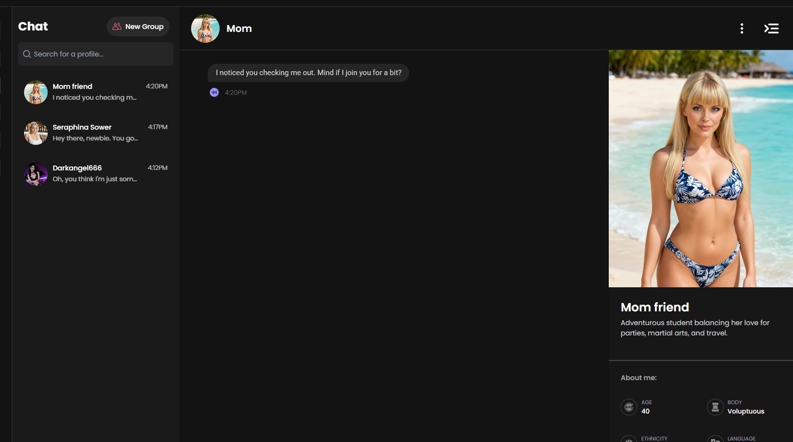 Candy AI chat interface showing roleplay conversation with Darkangel666, character profile sidebar with bio and photos