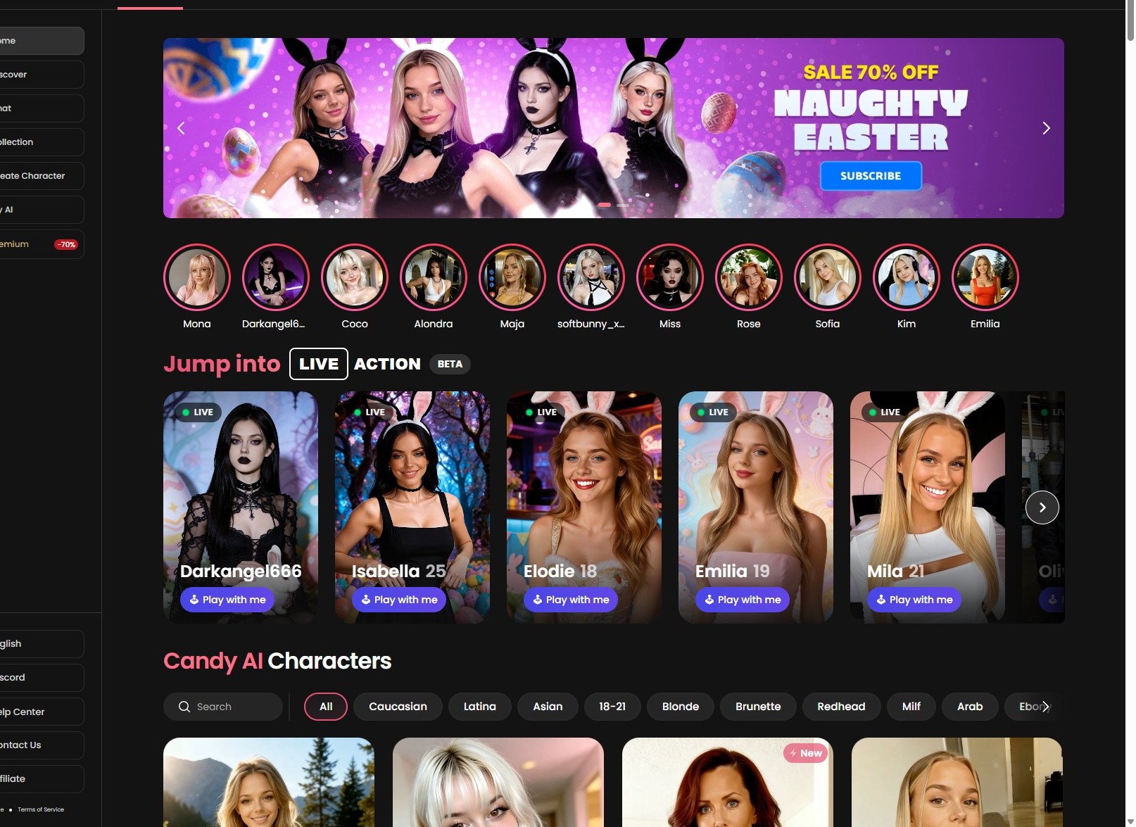 Candy AI homepage showing character gallery with Girls, Anime, and Guys tabs, Live Action section, and premade AI characters