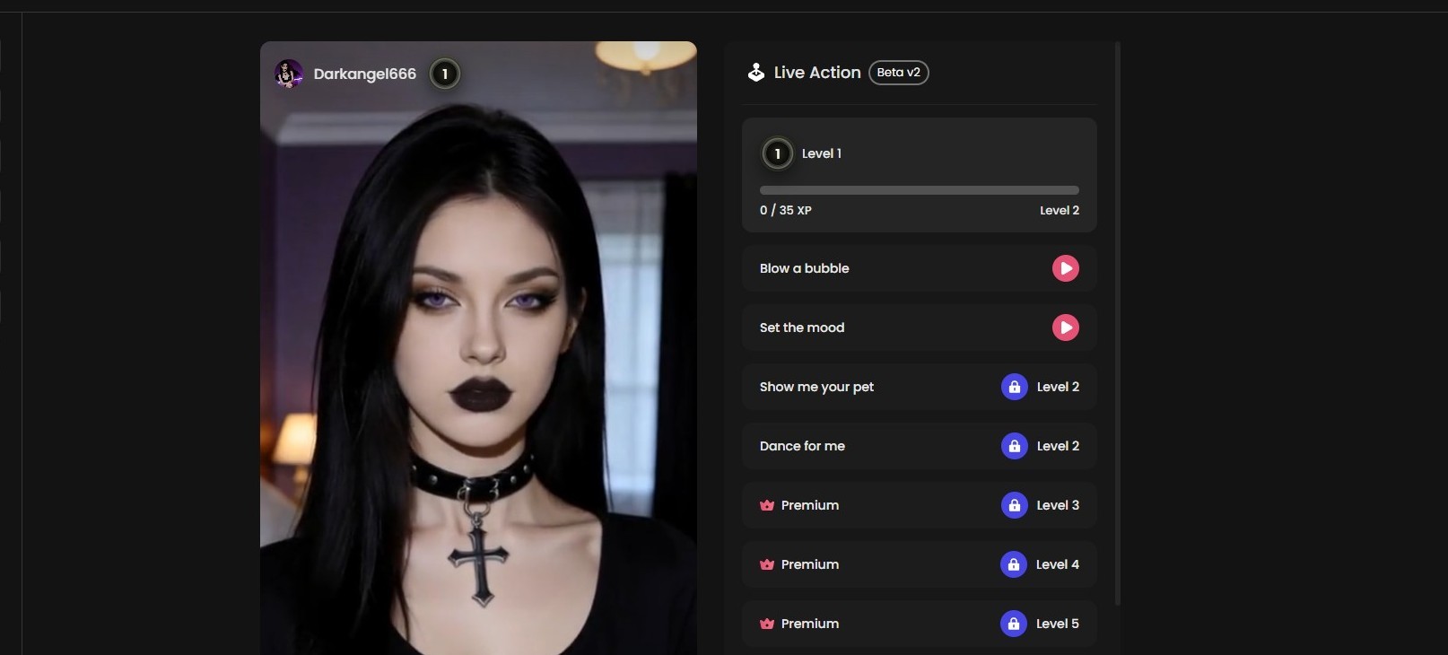 Candy AI Live Action interface showing Darkangel666 in interactive video mode with level progression system and action buttons