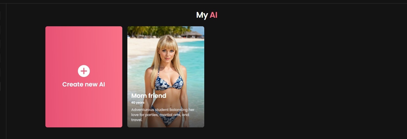 Candy AI My AI section showing custom created character 'Mom friend' with V2 badge and Create new AI button