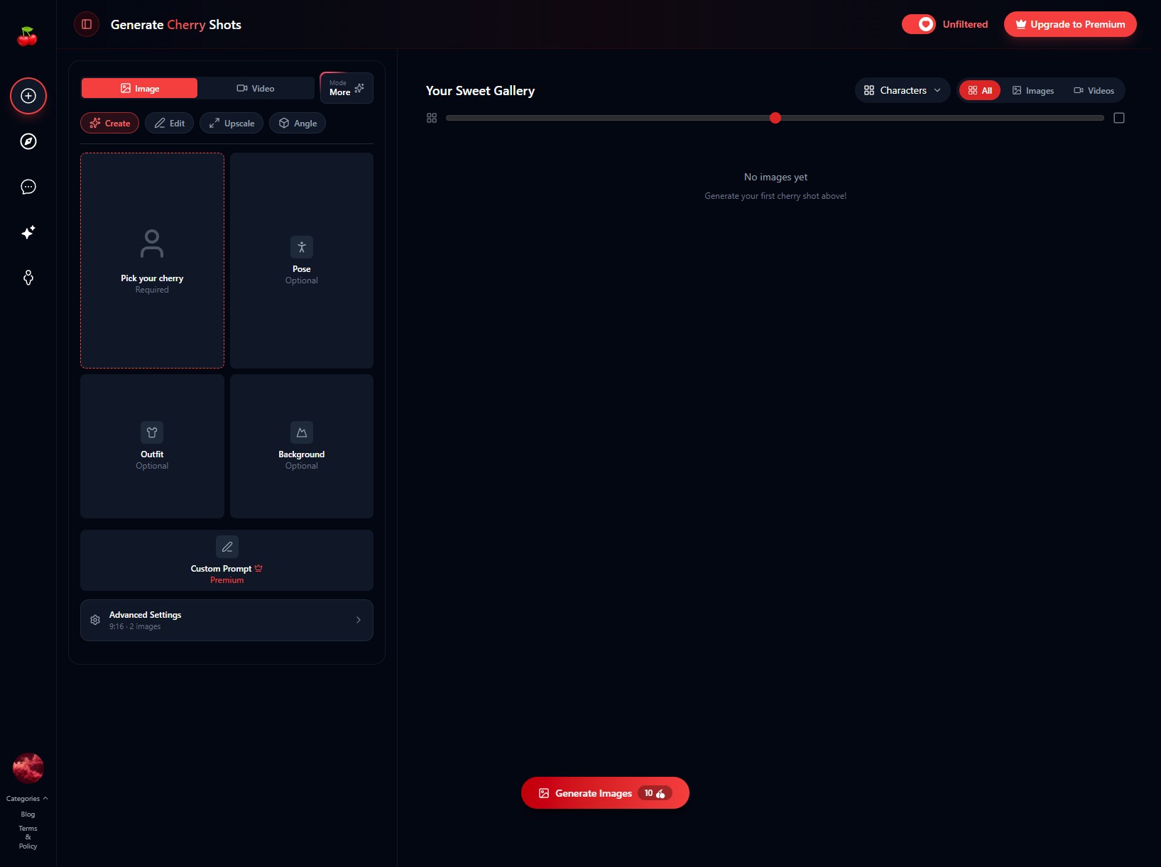 Cherrypop.ai Generate page interface showing Image and Video tabs, character picker, pose, outfit and background options, and Generate Images button costing 10 cherry coins