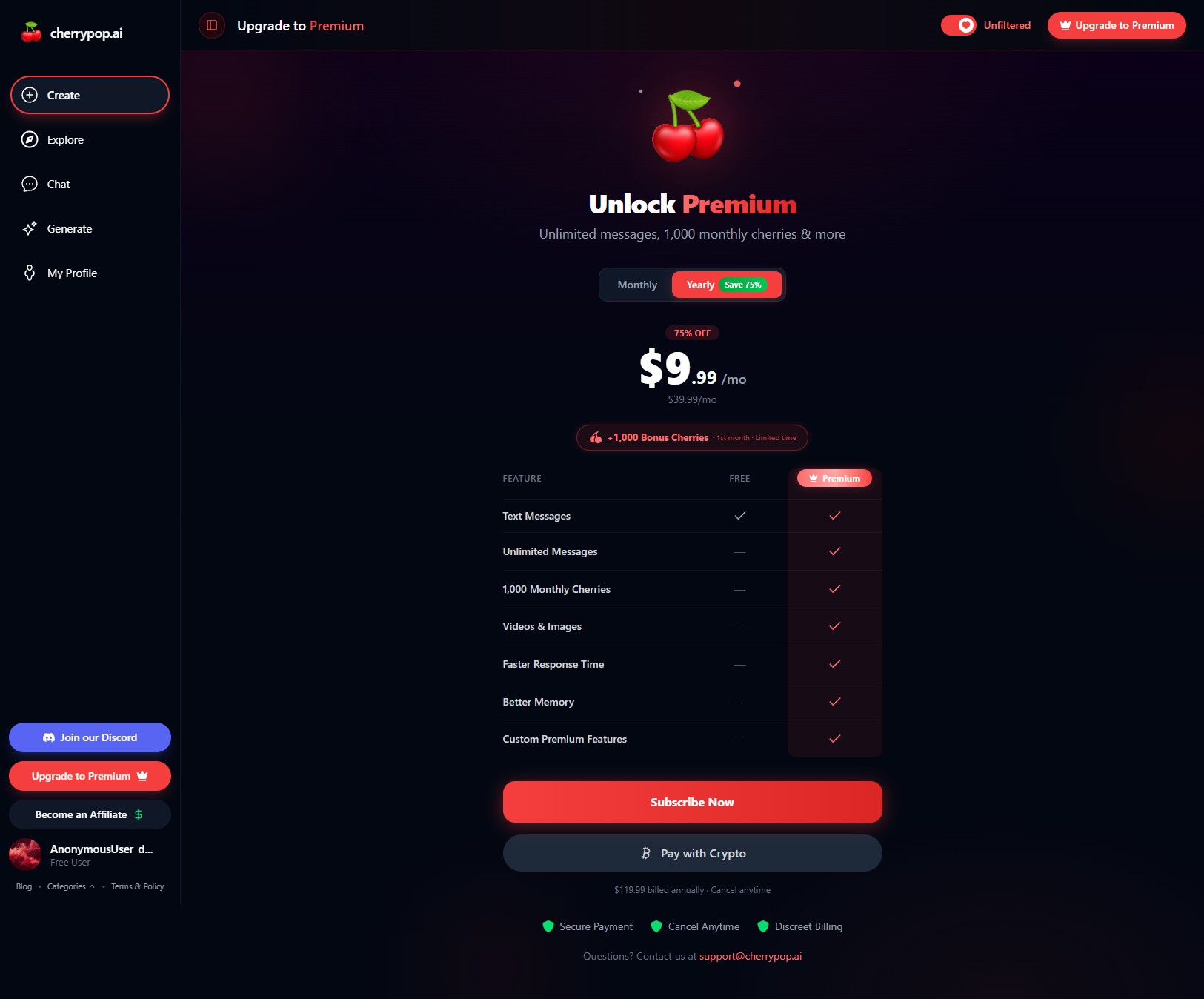 Cherrypop.ai Premium pricing page showing monthly and yearly toggle, $19.99 per month and $9.99 per month annual options, and Free versus Premium feature comparison table