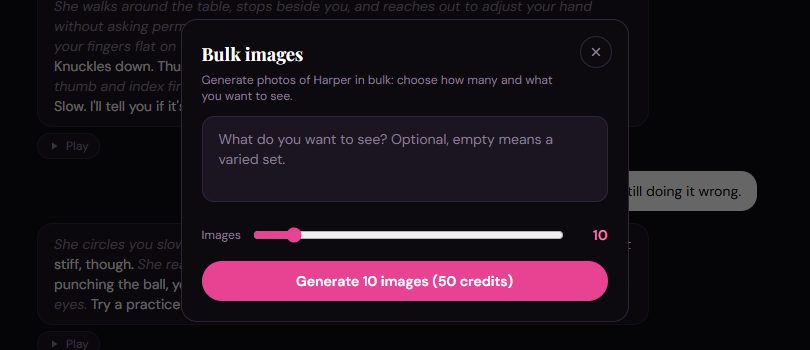 Clawra AI Bulk images dialog: prompt box, image slider set to 10, Generate 10 images for 50 credits