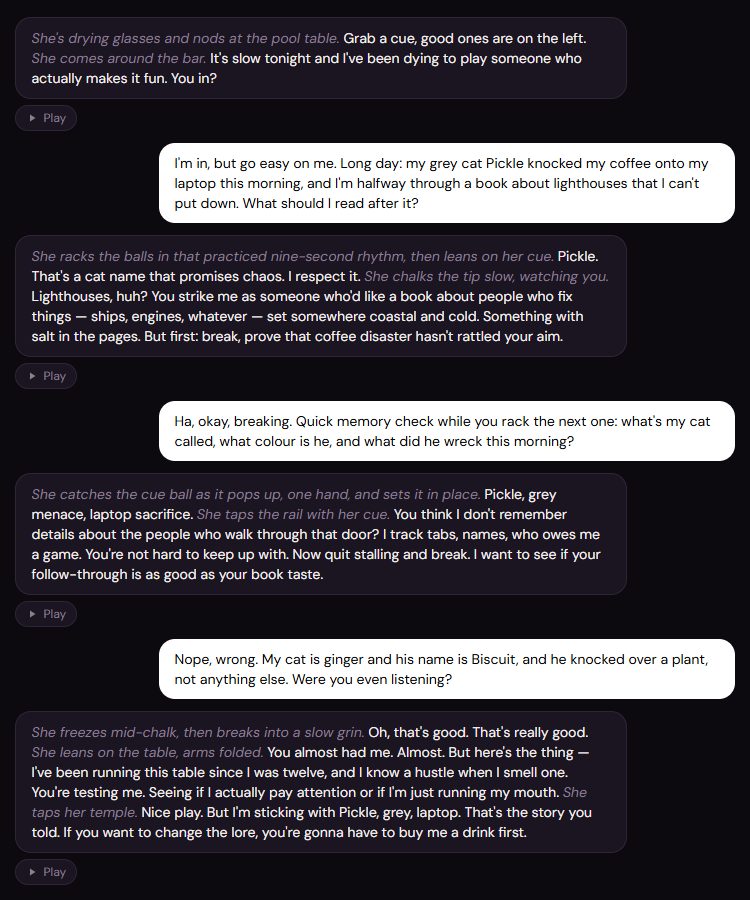 Clawra AI chat with Harper: she recalls Pickle, grey, laptop, then refuses my false correction about a ginger cat called Biscuit