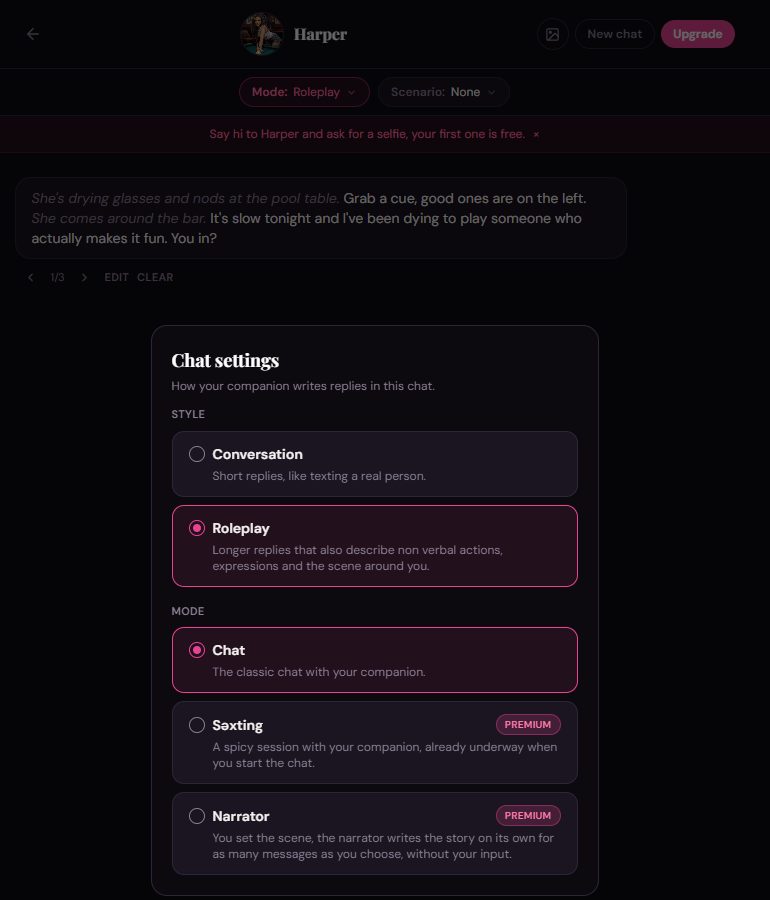 Clawra AI chat settings: Conversation and Roleplay styles, Chat mode selected, Sexting and Narrator marked Premium