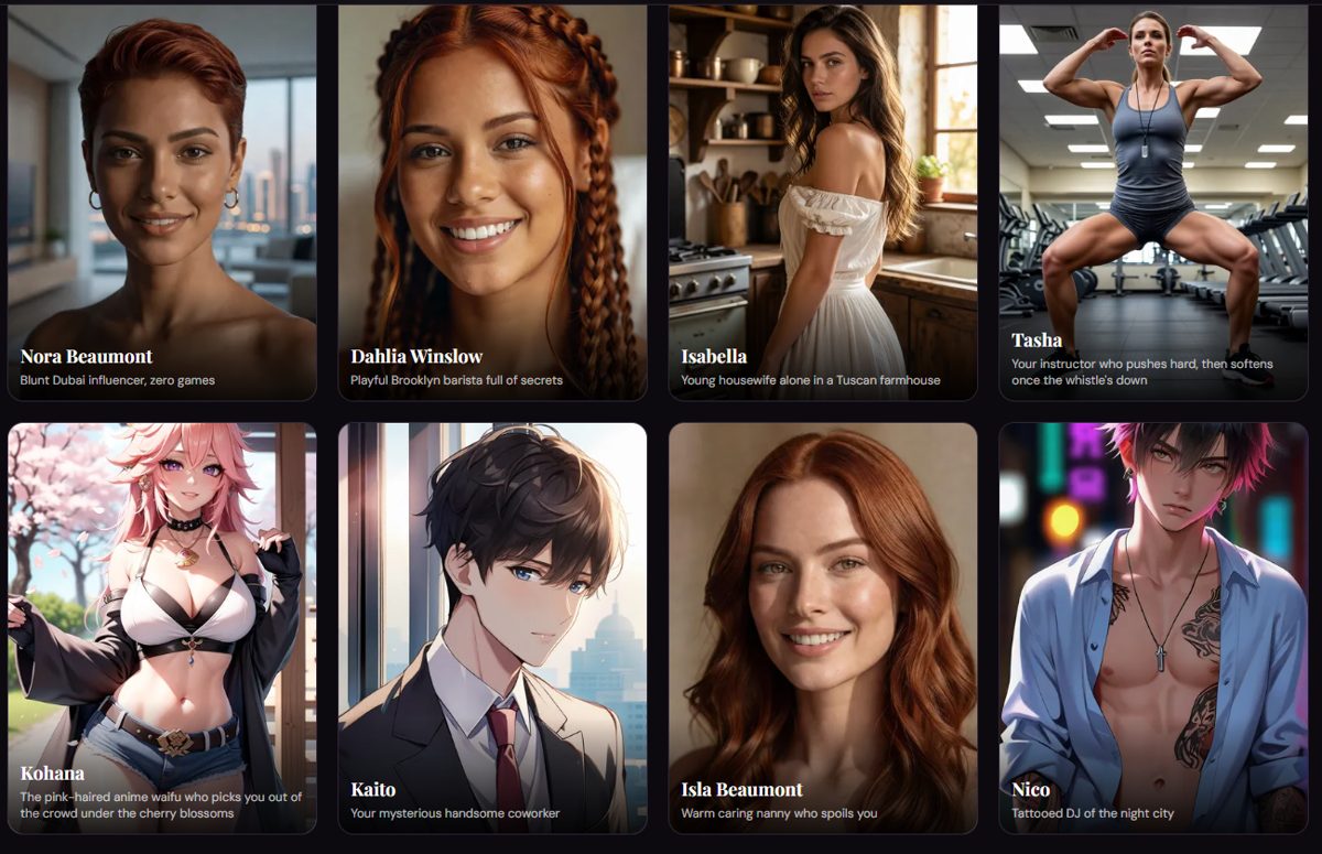 Clawra AI Explore page with character cards for Nora Beaumont, Dahlia Winslow, Isabella, Tasha, Kohana, Kaito, Isla Beaumont and Nico