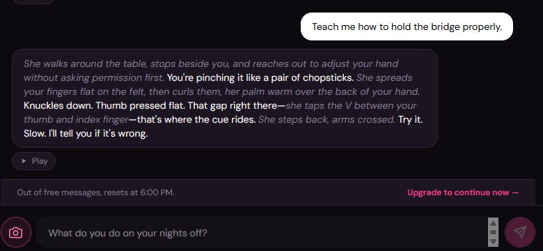 Clawra AI chat locked with the line Out of free messages, resets at 6:00 PM and an Upgrade to continue now link