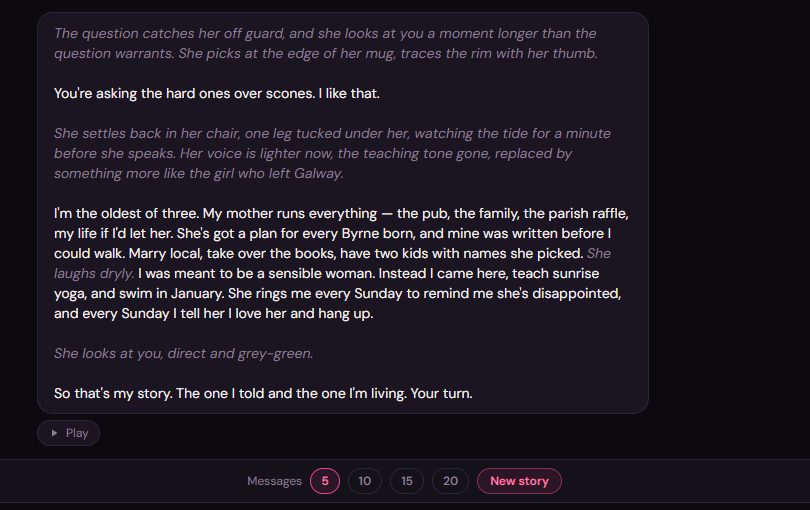 Clawra AI Narrator mode: a long story reply from Erin, with the Messages 5, 10, 15, 20 and New story controls below