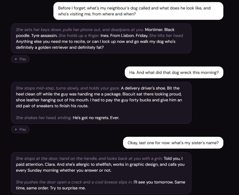 Madison recalls Mortimer and Ines correctly, then says the dog wrecked a delivery driver's shoe and that my sister is called Clara
