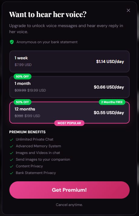 Clawra AI upgrade window: 1 week $7.99, 1 month $19.99 with $39.99 struck through, 12 months $199 with $398 struck through