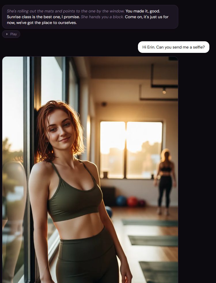 The free Clawra AI selfie from Erin: a red-haired woman in olive sportswear leaning on a yoga studio window at sunrise