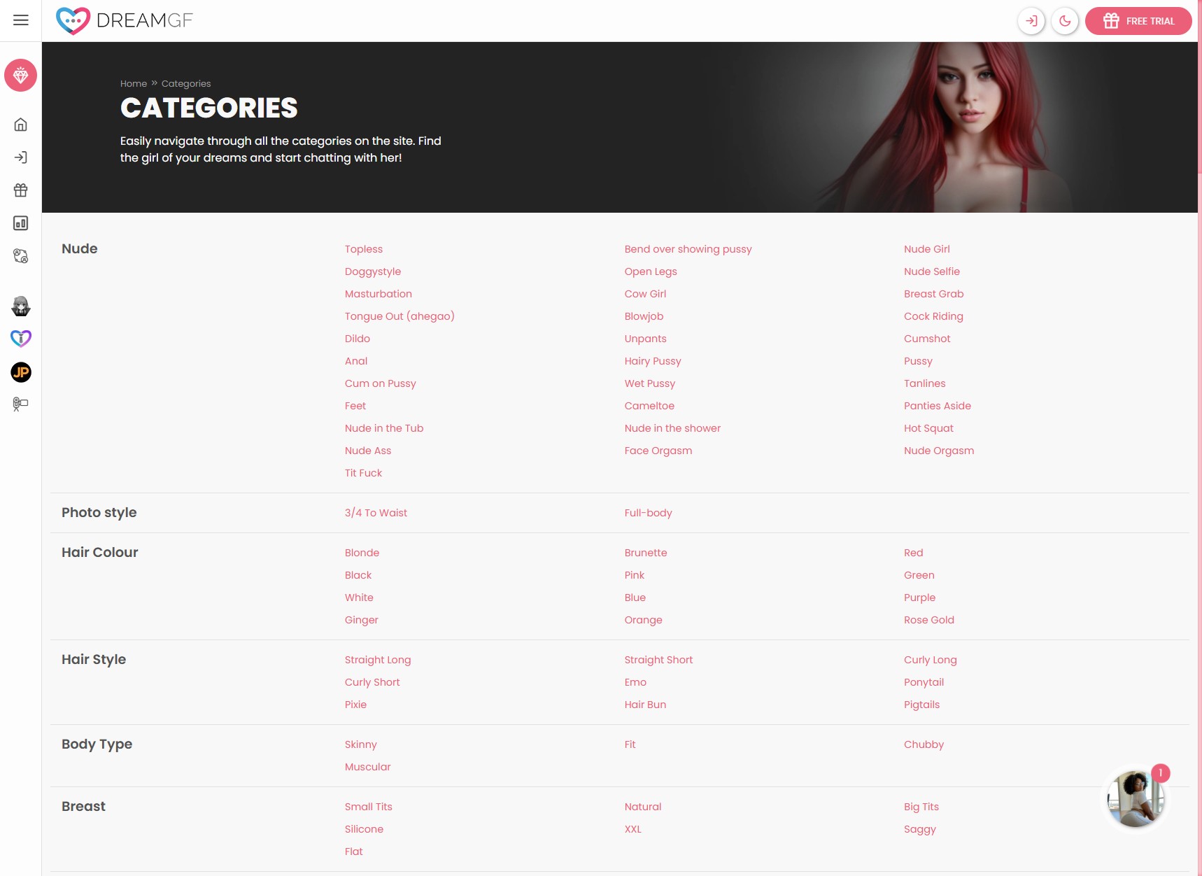 Dream GF categories page showing Nude, Photo Style, Hair Colour, Hair Style, Body Type, and Breast filter categories