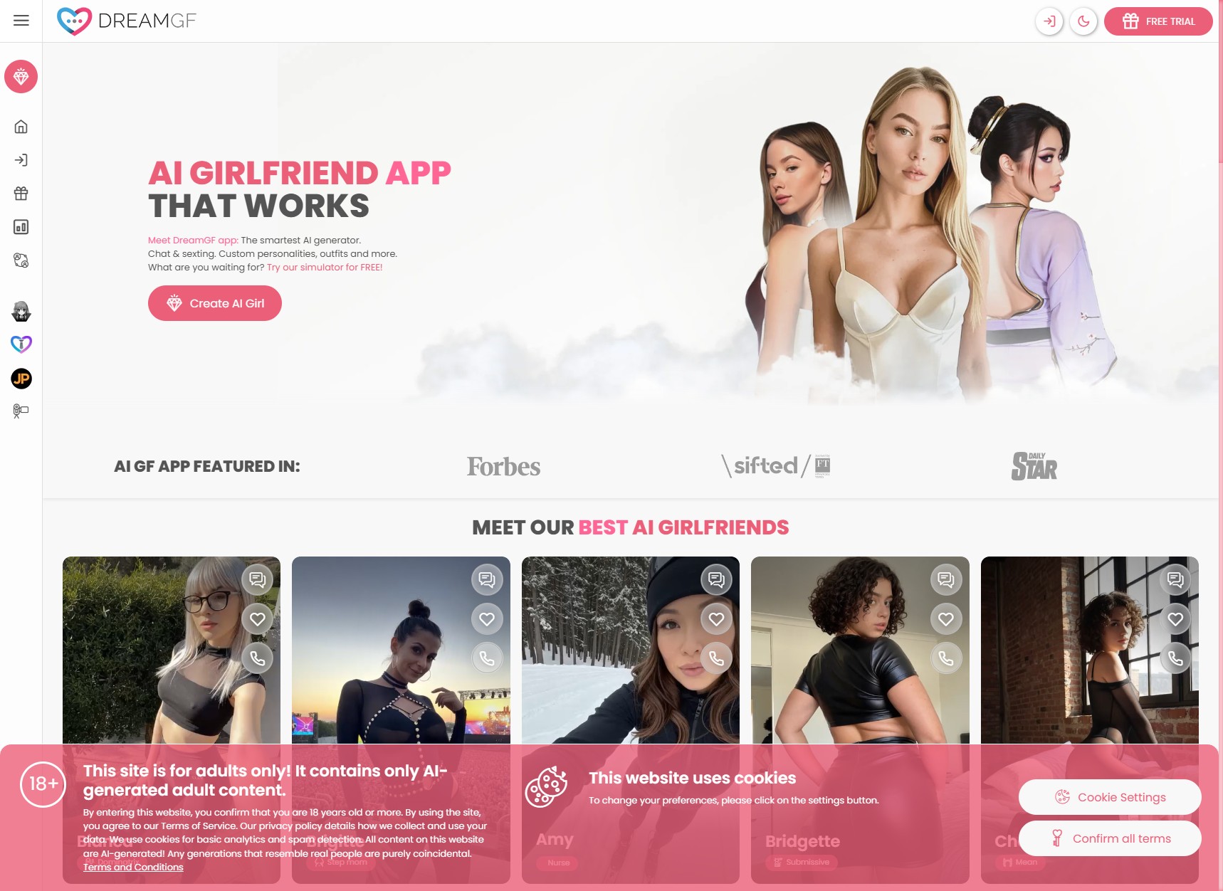 Dream GF homepage showing AI girlfriend characters with chat, like, and call buttons — Forbes, Sifted, Daily Star featured