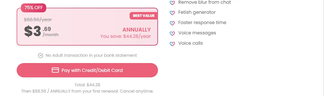 Dream GF plans page with the annual option selected: 75% OFF badge, $3.69 a month, Total $44.28, then $88.56 annually