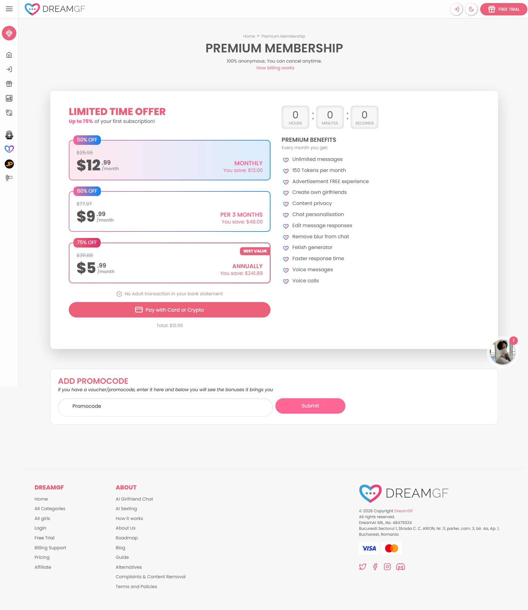 Dream GF Premium pricing page showing Monthly $12.99, 3-Month $9.99/mo, and Annual $5.99/mo plans with Premium benefits list