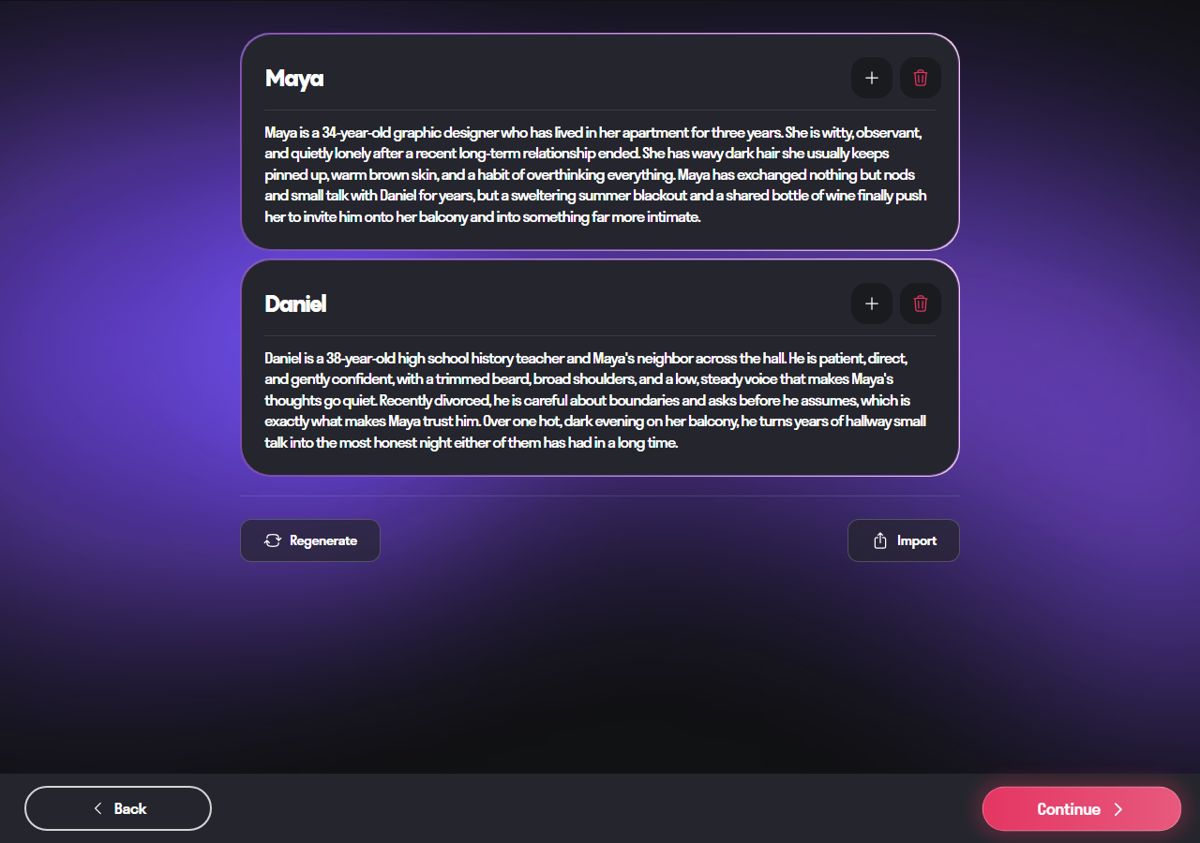 DreamPress setup wizard step two: character sheets for Maya and Daniel with backstories the tool wrote itself