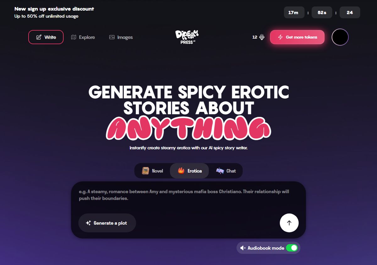 DreamPress homepage in Erotica mode: the story prompt box with Novel, Erotica and Chat tabs, the Generate a plot button and the Audiobook mode toggle