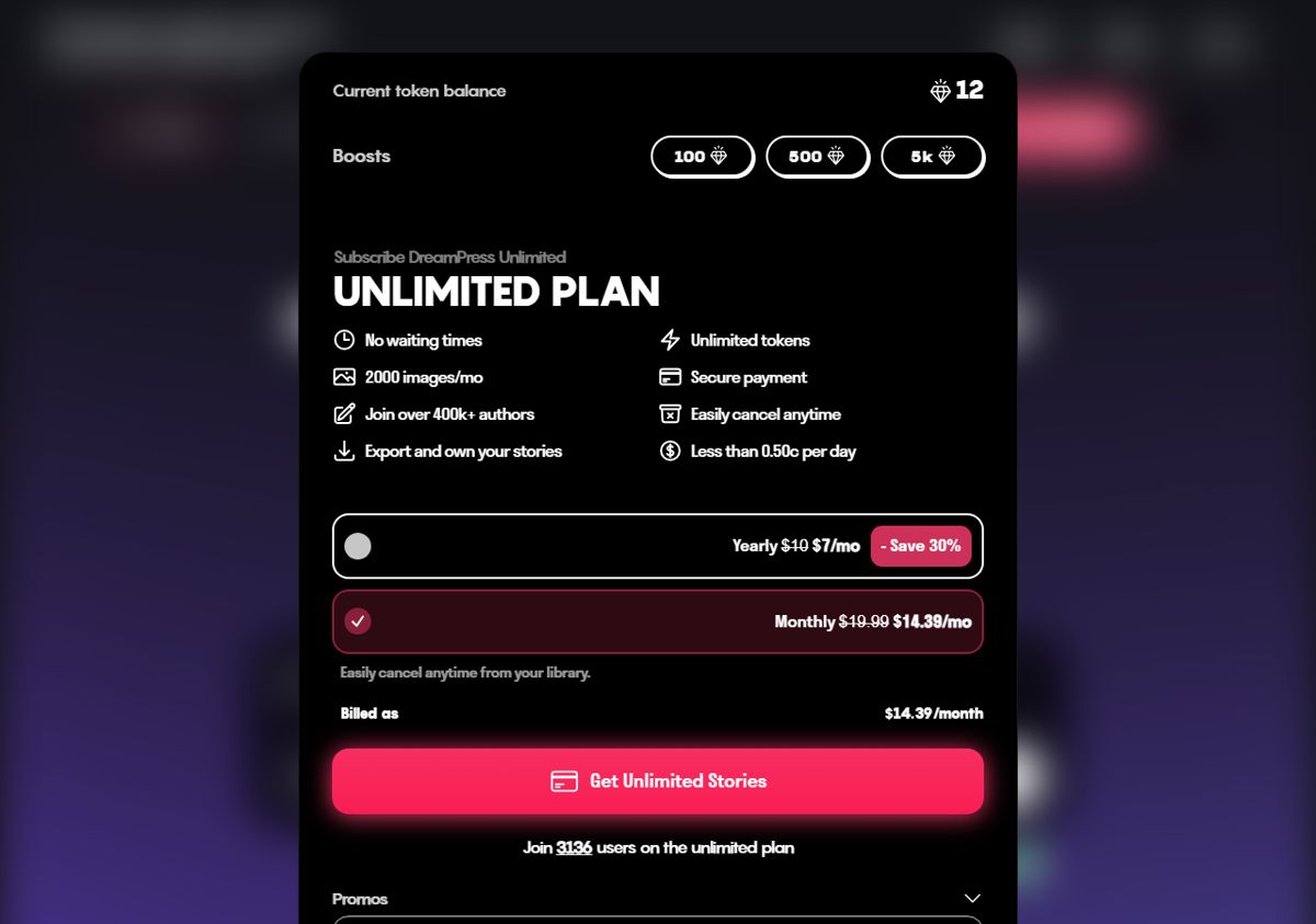 DreamPress Unlimited plan window: monthly $19.99 shown at $14.39, yearly $10 shown at $7 a month, billed $72 a year, with boost packs of 100, 500 and 5k tokens