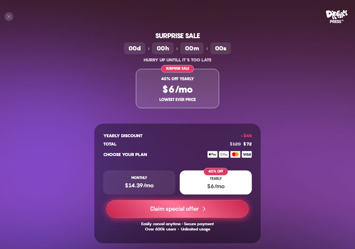 DreamPress surprise sale overlay: 40% off yearly at $6 a month, total $120 struck to $72, countdown already at zero