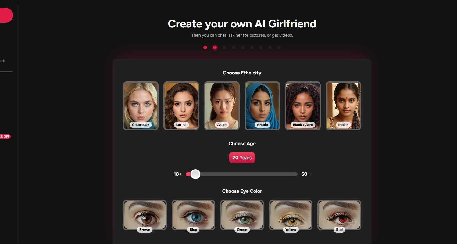 Fantasy GF character creation step showing ethnicity selection (Caucasian, Latina, Asian, Arabic, Black/Afro, Indian), age slider 18-60+, and eye color options including fantasy colors