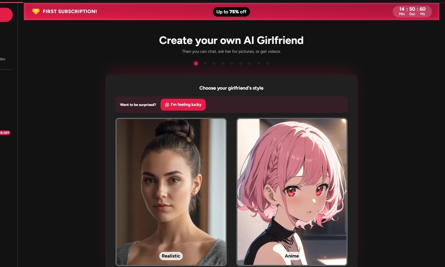 Fantasy GF character creation page showing style selection between Realistic and Anime with I'm feeling lucky button