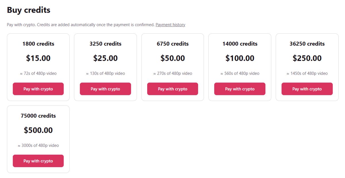 Free Spicy Buy credits page on 21 October: the line Pay with crypto and six packs from 1,800 credits for $15 to 75,000 for $500, each with a single Pay with crypto button