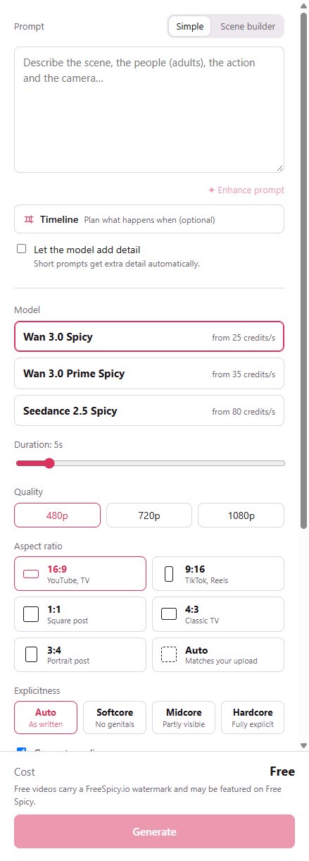 Free Spicy Text to video panel with the three models, 5-second duration, 480p, explicitness levels and the Cost line reading Free on the trial