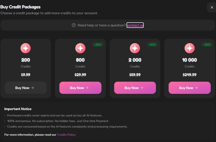 VidSoda credit packages: 200 for $9.99, 800 for $29.99, 2000 for $59.99, 10000 for $249.99