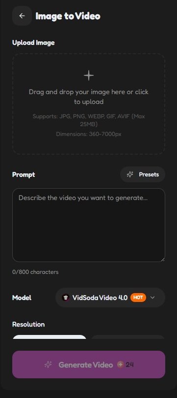 VidSoda Image to Video panel with upload zone, prompt box, VidSoda Video 4.0 model, and Generate Video for 24 credits