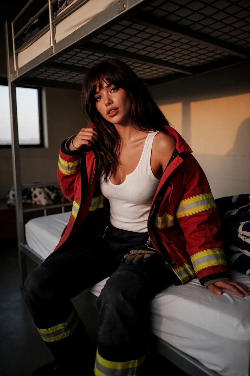 Joi AI chat photo of Hannah Torch in a red firefighter jacket on a bunk bed