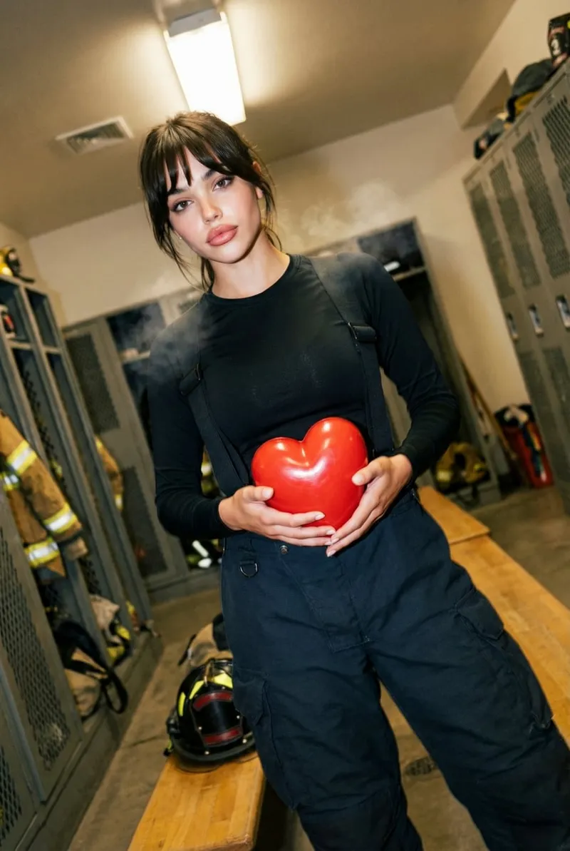 Joi AI Shy pics photo of Hannah Torch in a locker room holding a heart cushion