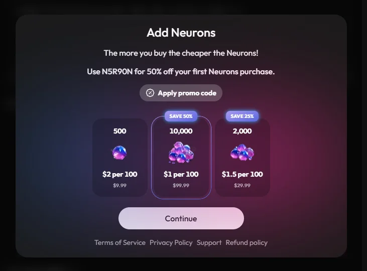 Joi AI Add Neurons window: 500 Neurons for $9.99 at $2 per 100, 10,000 for $99.99 at $1 per 100, 2,000 for $29.99 at $1.5 per 100, and a 50% code for the first purchase