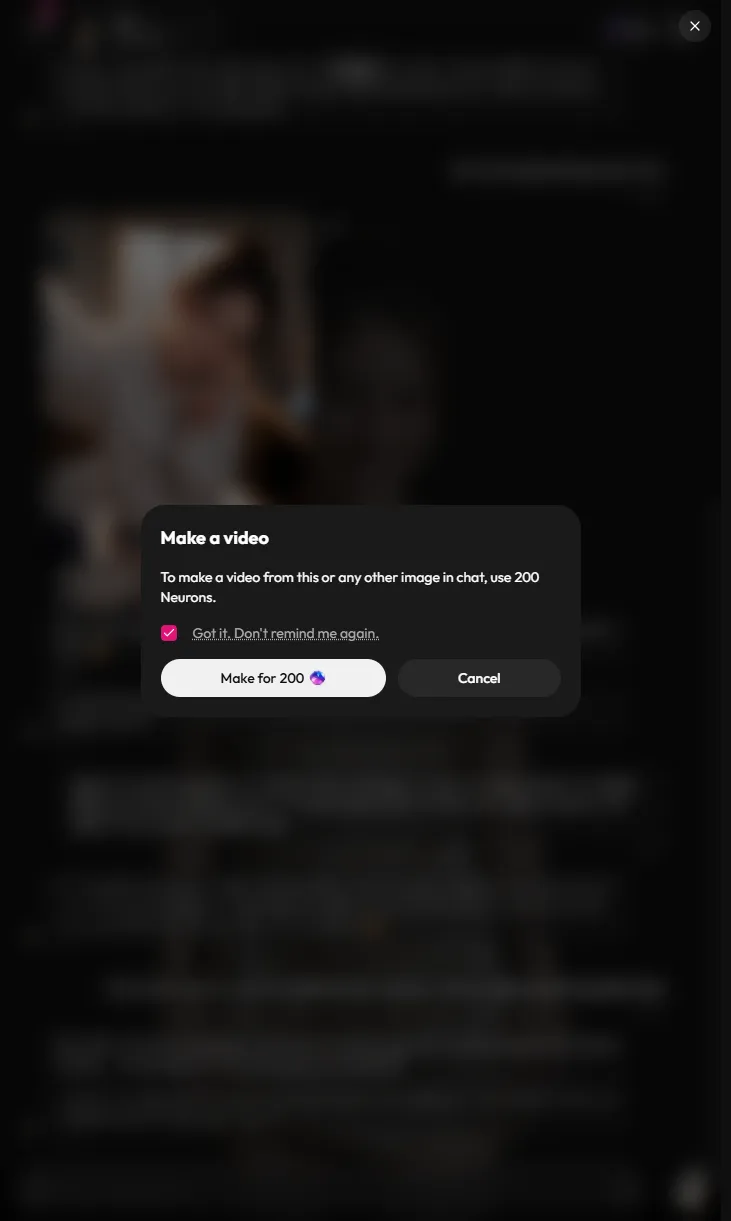 Joi AI Make a video window over a blurred chat: To make a video from this or any other image in chat, use 200 Neurons, with Make for 200 and Cancel buttons
