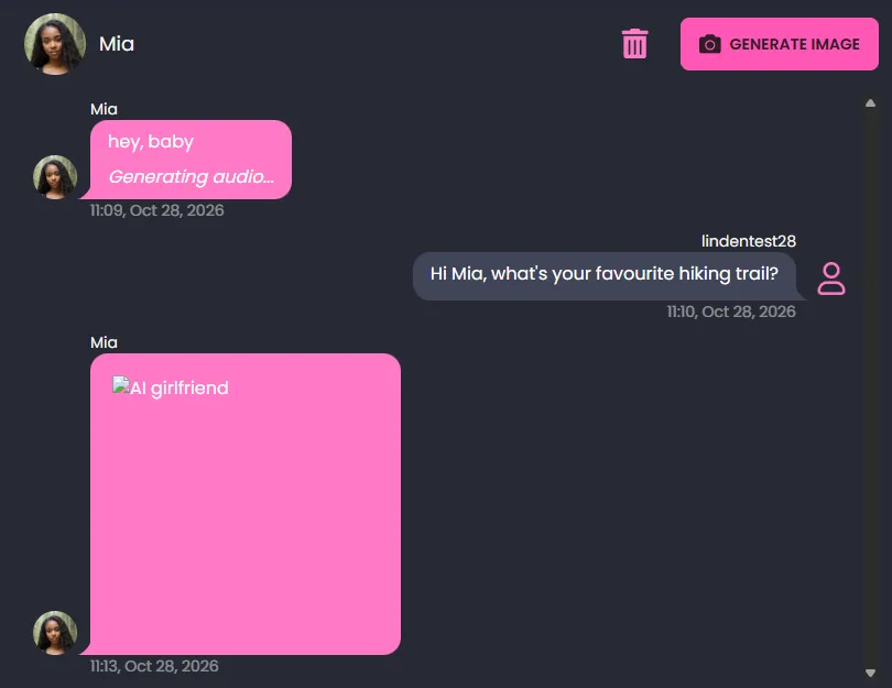 LoveMy.ai chat with Mia: her greeting stuck on Generating audio, my question unanswered, and a broken image where the generated picture should be